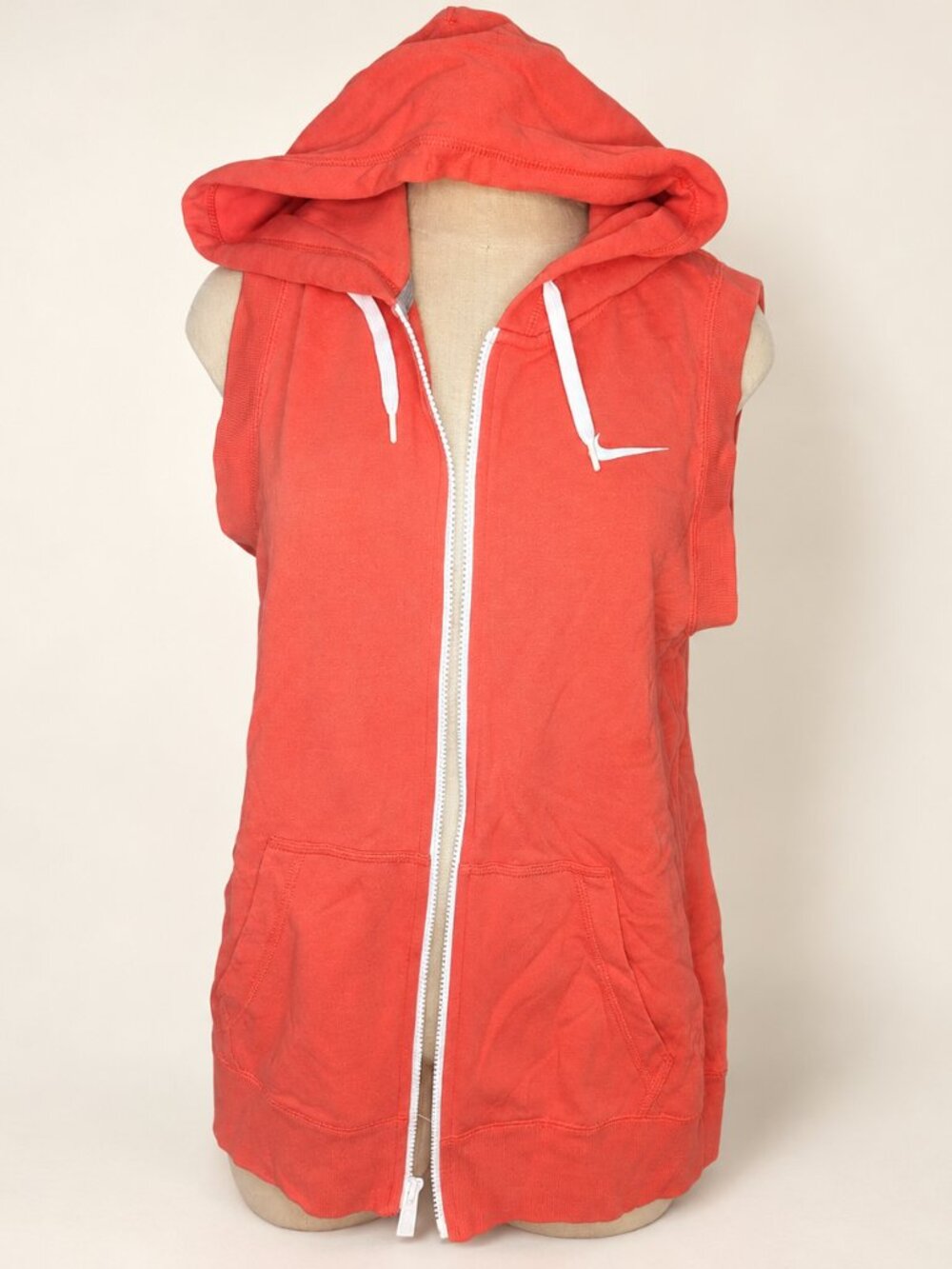 Nike Orange Sleeveless Full Zip Hoodie Vest Large White Swoosh Pockets